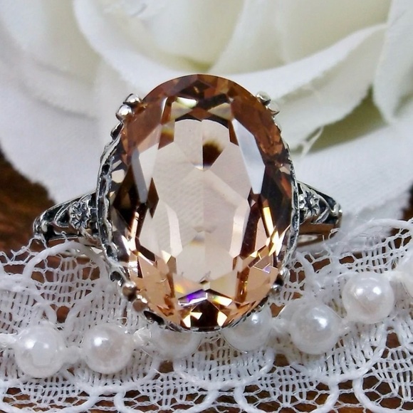 Peach Topaz Edwardian Revival Silver Toned Ring Coquette Bauble - Picture 9 of 13